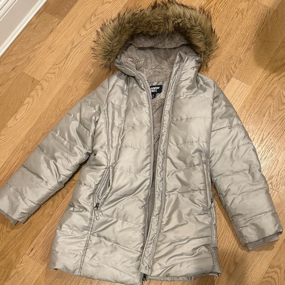 Lands' End Silver Kids Puffer Jacket with Faux Fur Hood